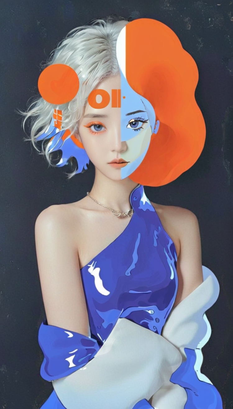 <lora:xl-shanbailing-24-0320Animated Spliced Reality2:0.7>,Animated Spliced Reality,a girl made of anime and reality,anime in reality,anime lines around real girl,Full body portrait of young fashionable Chinese girl with short curly hair,magazine cover,steampunk style,white hair,orange,blue,