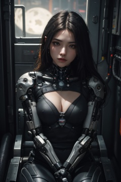 (best quality, masterpiece, colorful, dynamic angle, highest detailed)upper body photo, full body photo, fashion photography of cute 1girl, mechanical arms, cyborg, dark mood, dystopia, glowing, looking at viewer, sitting, long hair, bokeh (intricate details, hyperdetailed:1.15), detailed, moonlight passing through hair, (official cyberpunk art, extreme detailed, highest detailed), HDR+
