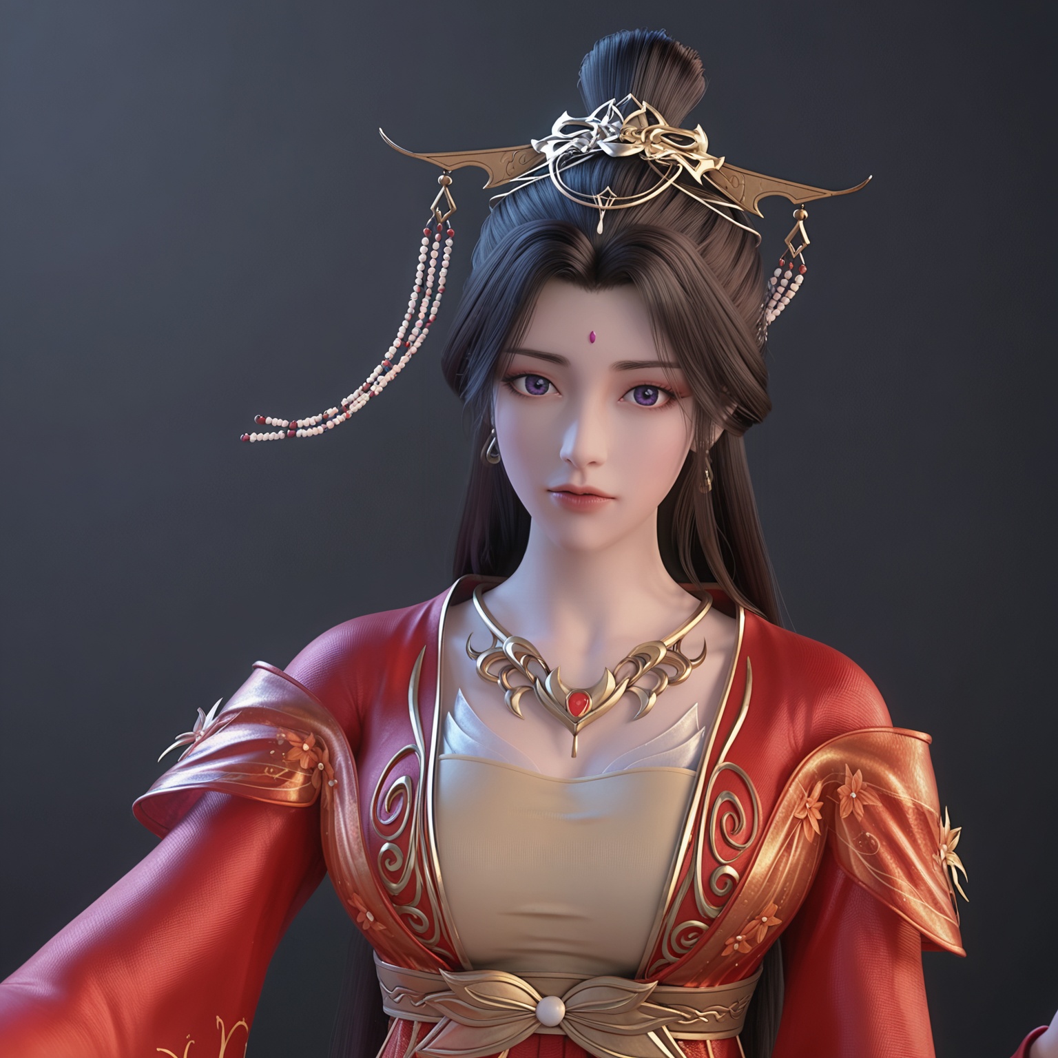 <lora:YQponyyuecan_hunzhuangV4:0.8>,q1528437228,1girl,solo,long_hair,jewelry,hair_ornament,black_hair,brown_hair,(red_dress:1.1),earrings,dress,chinese_clothes,forehead_mark,necklace,realistic,long_sleeves,purple_eyes,wide_sleeves,hair_bun,hanfu,beads,hair_stick,flower,armor,half_updo,puffy_sleeves,BREAK score_9,upper_body,portrait,shiny_skin,looking at viewer,cinematic lighting,volumetric lighting,solo focus,(huge breasts:0.9),(simple background,pure black background,black background:1.1),