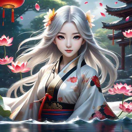 (masterpiece,best quality,extremely detailed CG unity 8k wallpaper,ultra-detailed),(best illumination,best shadow,an extremely delicate and beautiful),ink_wash_painting,night,(tai_chi:1.25),(yin_yang:0.85),ba gua,swirl,(the_bottom_of_the_bottlebackground:1.1),(1_girl:1.2),solo,The character is in the center of the frame,medium_full_shot,hanfu,taoist_robes,celestial_being_uniform,long_hair,(alternate hair color:1.3),white hair,black hair,a small red ornament,beautiful_detailed_eyes,indigo_eyes,(girl_surrounded_by_floating_water_flow:1.3),medium_breasts,wind,lotus,(cloudy:1.1),(stratocumulus_stratiformis:1.35),looking_at_viewers,cowboy shot