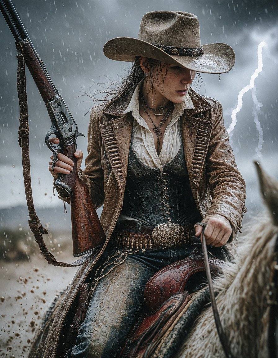 A photorealistic ***** cowgirl riding through a stormy desert on horseback,  holding a huge lever-action rifle in one hand...