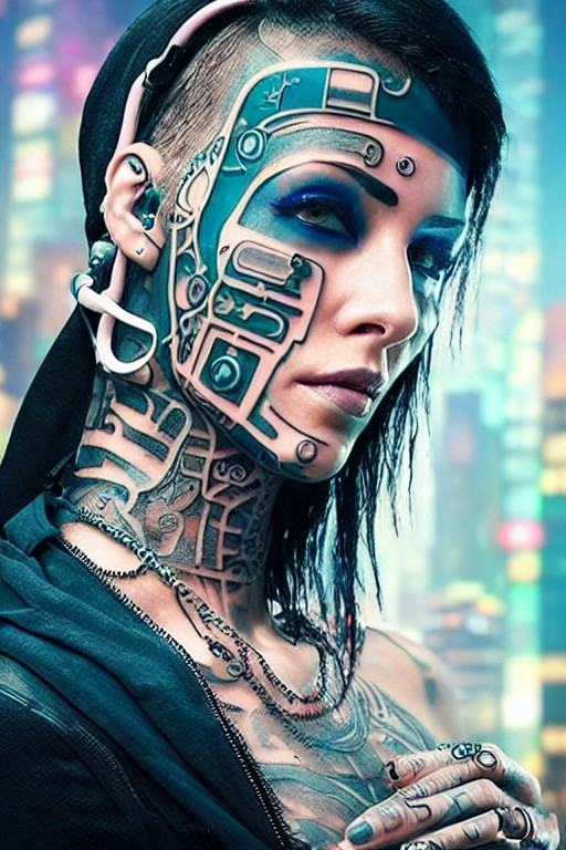 ((cyberpunk woman)) with a tattooed face in front of a (neon cityscape) on Tensor.Art