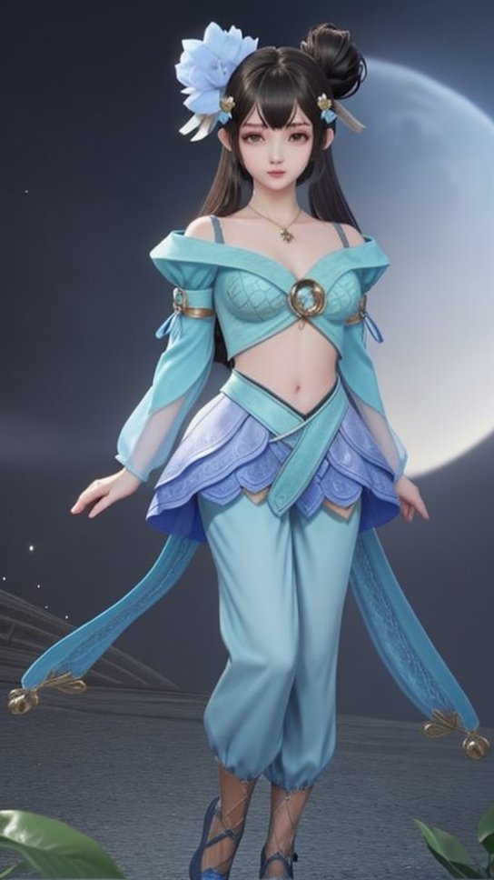 (1girl),smooth chin,masterpiece,detailed face,((hair ornament)),top quality,4k,make up,best quality,medium breasts,(looking at viewer),long legs,double bun,jewelry hair,dress,detached sleeves,ribbon,shawl,light blue skirt,puffy pants,hair rings,hair flower,(wariza),(arms behind back),bangs,jewelry on bangs,<lora:王者小乔青蛇SD_v1.0:0.6>,