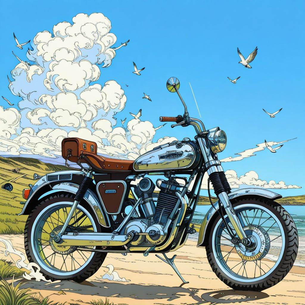 Motorcycle,  grassy hills,  beach on Tensor.Art