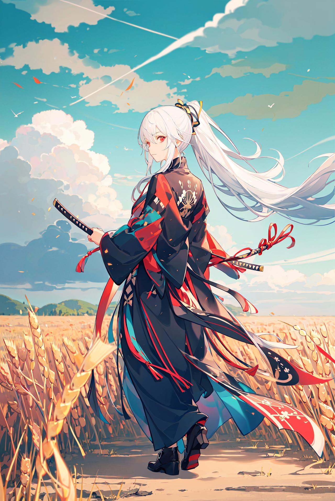 super resolution, super detailed, ultra detailed, masterpiece, best quality, 1girl, portrait, white hair, ponytail, red eyes, samurai, wheat landscape, sun, clouds, (neutral colors), (hdr:1.3),(full body)