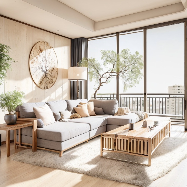 jianzhu, Modern  living room, natural light, wood grain, bonsai, large windows, gray sofa, coffee table, potted plants, books, artwork, decorative ornaments, curtains, balcony, cityscape, high-rise buildings, sunlight, shadows, stylish, shoji, tatami<lora:jianzhu-000009:0.8>
