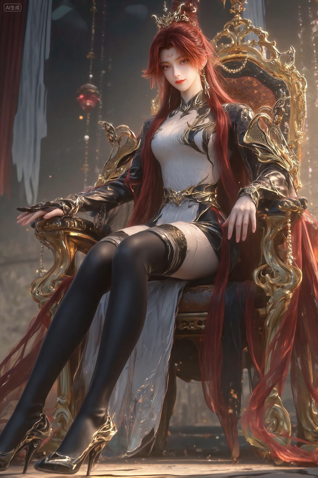 A highly detailed digital painting of a beautiful,fair-skinned woman with long,flowing red hair,adorned with a golden crown. She wears an intricate,black and white,high-collared dress with dragon motifs.Wearing black thigh-high boots,the thigh-high boots wrapped around her plump thighs,showing off her perfect and sexy curves. She wore black high heels with golden wing decorations on the shoes,, She sits on a luxurious golden throne,her legs crossed at the ankles and one leg hanging down. Her left arm rests on the armrest,while her right hand gently holds her chin. Her posture is elegant and poised,exuding confidence and grace. The scene is illuminated by dramatic lighting that highlights the gold accents of her attire and the intricate details of the throne. Soft shadows enhance the textures of the fabric and the surrounding ornate room,creating a luxurious and mystical atmosphere.,masterpiece,best quality,astonishing quality,ultimate aesthetics,absurd,best quality,ultimate aesthetics,masterpiece,emotional masterpiece,extraordinary above all,mastery of details,, best quality,astonishing quality,ultimate aesthetics,absurd,best quality,ultimate aesthetics,masterpiece,emotional masterpiece,extraordinary above all,mastery of details,, Negative prompt: ng_deepnegative_v1_75t,(badhandv4:1.2),EasyNegative,(worst quality:2),,nsfw, Steps: 30, Sampler: DPM++ 2M, CFG scale: 3.5, Seed: 4096989393, Size: 1024x1536, Model hash: 062dad72b2, Model: 麦橘超然majicFlus_v1.safetensors, Denoising strength: 0, RNG: CPU, Lora 1: 20250819-1755611835291-0011, Lora Hash 1: 4a4e21aeb4, Lora Weight 1: 1.0, Lora 2: 《金芒逸凤》唯美古风主题风格化lora|摄影|海报设计, Lora Hash 2: 779d600c15, Lora Weight 2: 0.8, vae_name: automatic