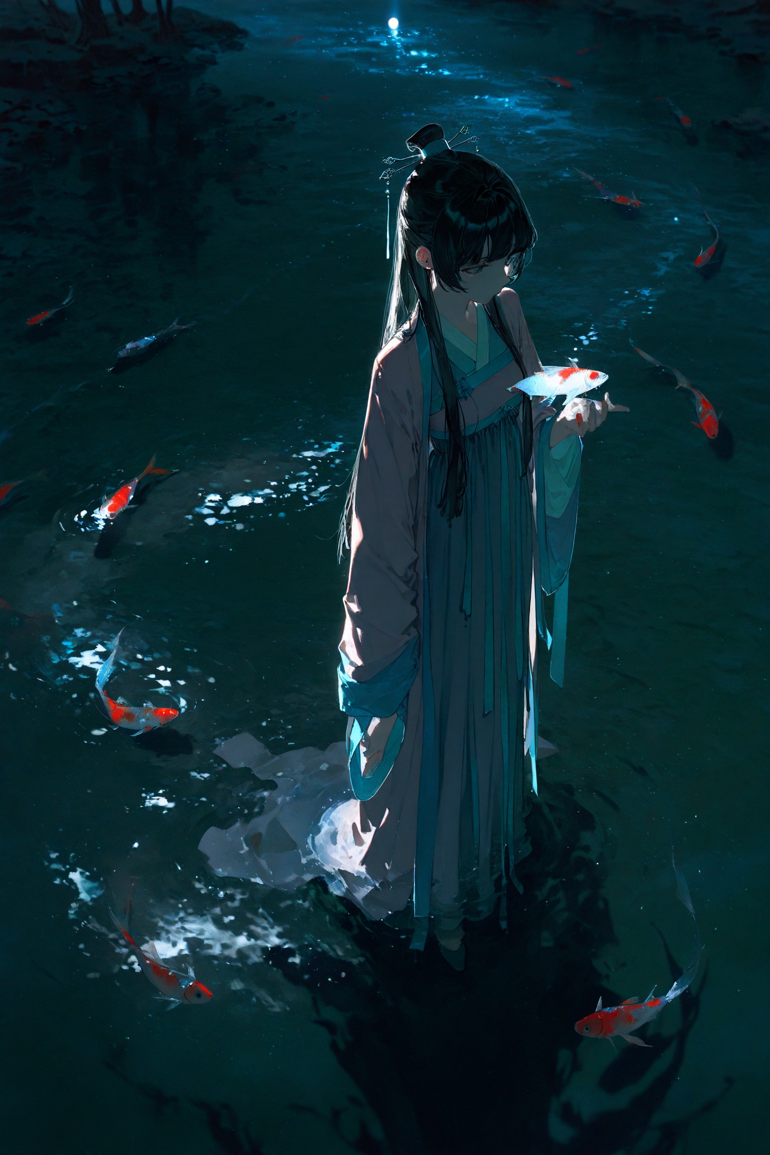 masterpiece,best quality,amazing quality,very aesthetic,absurdres,newest,(dino_(dinoartforame):0.3),(yoneyama mai:0.7),(quasarcake:0.5),from_above,1girl,gui_zhong,hanfu,standing by the river,there are many fish in the river,bright light and shadow,transparent river water,willows,