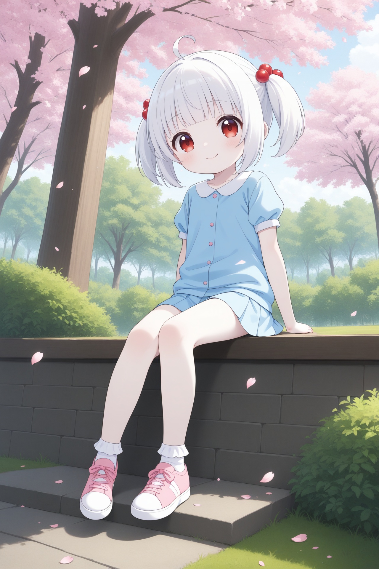 <lora:精致风景与场景ill:0.4>,wallpaper,highres,falling cherry blossoms,4k,cherry_blossoms,cherry blossom forest,solo,1girl,little_girl,loli,kawaii,child,short hair,white hair,blunt bangs,twintails,ahoge,(pale skin:0.8),red eyes,hair ornament,short_sleeves,miniskirt,bobby_socks,sneakers,smile,sitting,