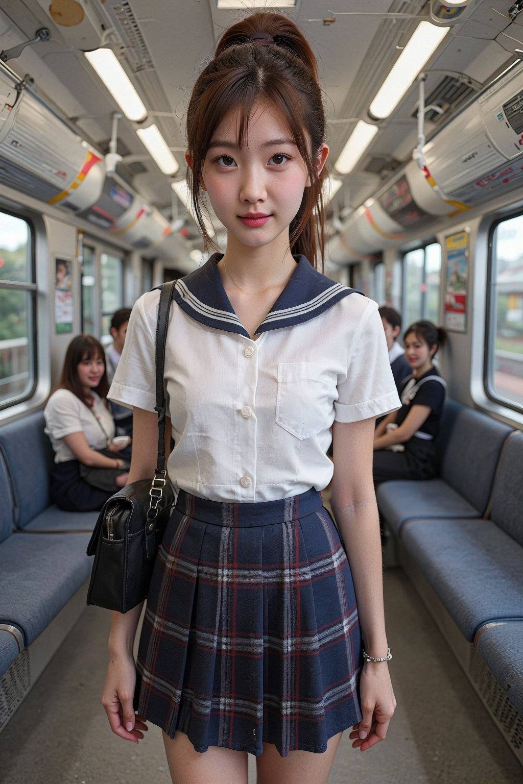 The image is a high-resolution photograph taken inside a modern,  brightly lit subway car. The subject is a young Asian wo...