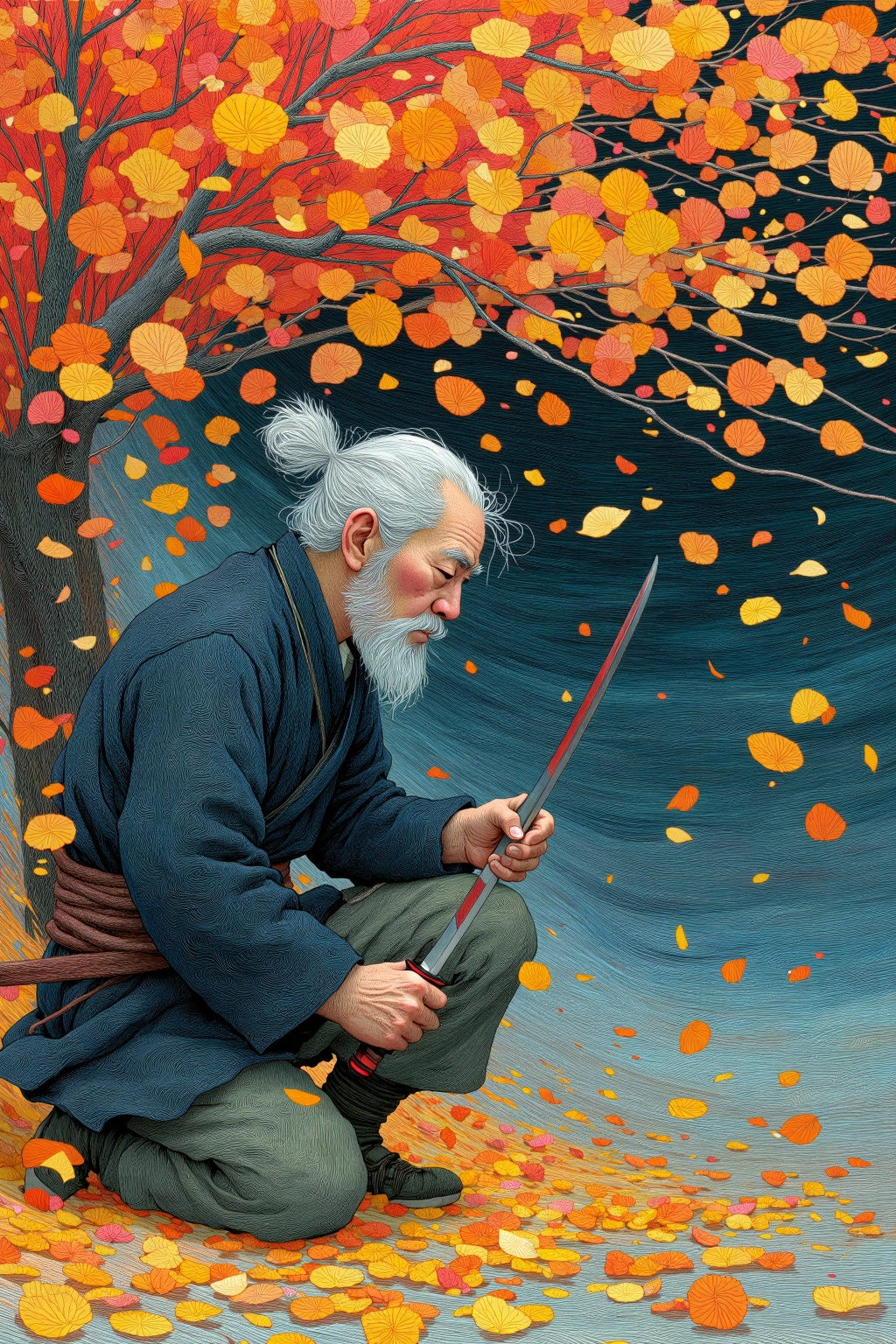 beijihui,an old swordsman sharpening his blade under golden autumn leaves, swirling breeze carrying falling leaves, fine textured lines, quiet zen warrior at dusk