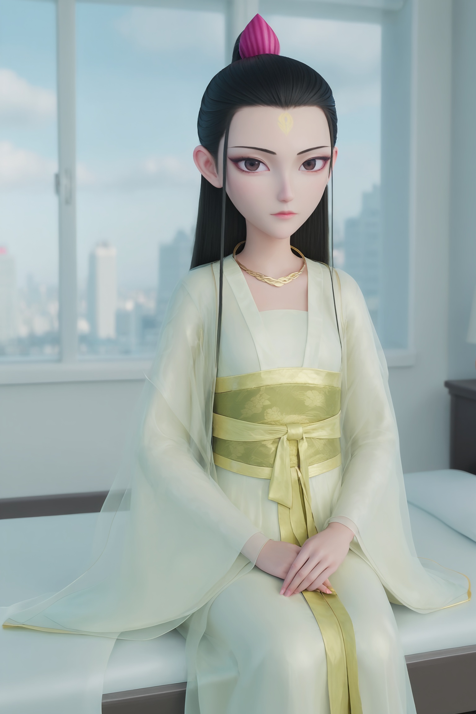 1girl,solo,sitting,window,frills,sky,cloud,indoors,cityscape,closed_mouth,sun,looking at viewer, <lora:魔童闹海-鹤童Pony2:0.7> 1girl,long,straight black hair,pink hairpin,flowing,off-white silk kimono with intricate floral patterns,golden and green sash,gold embroidery,voluminous sleeves,A white ribbon floated out from both sleeves,