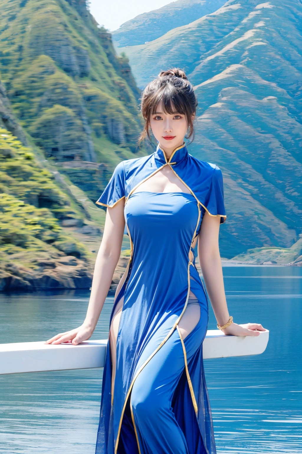 Realistic,best quality,masterpiece,8K,HDR,RAW,1girl,dress,<lora:add_detail:0.6>,<lora:ENNE mmyg_v09:0.8>,mmyg,mount,water,chinese style,<lora:ENNE 只此青绿_v10:1>,zcql,