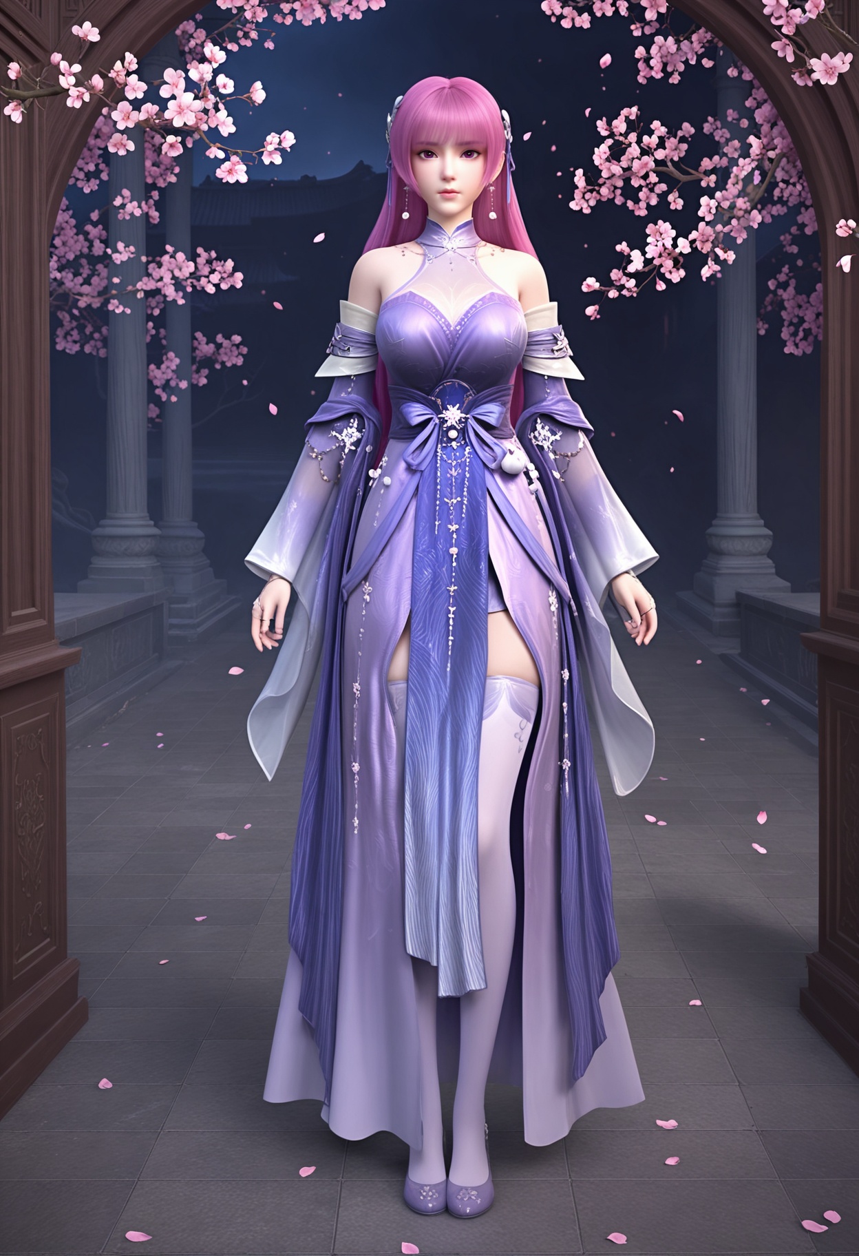 (standing full_body:1.1),(looking at viewer:1.1),masterpiece,(best quality),smog,Dark room,dim lighting,peach blossom,falling petals,<lora:YQ_Illustrious光辉v5_叶紫芸_V1:0.8>,q1528437228,1girl,solo,long hair,hair ornament,jewelry,chinese clothes,dress,earrings,pink hair,purple hair,purple eyes,detached sleeves,blunt bangs,pantyhose,thighhighs,pink eyes,ribbon,wide sleeves,hair ribbon,very long hair,necklace,ring,see-through,shoes,