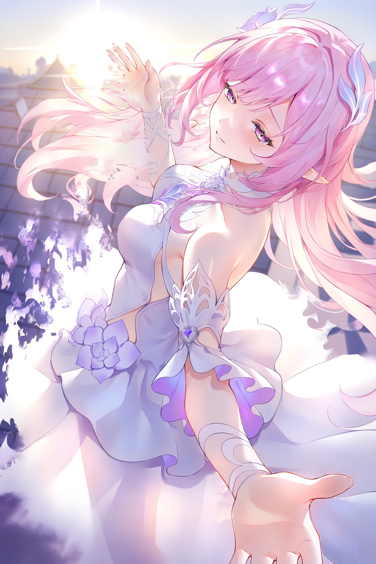 <lora:光辉V1昔涟角色V2:0.8>,xiliajn,1girl,solo,flower,long hair,pink hair,hair ornament,bare shoulders,pointy ears,dress,white dress,pink eyes,purple eyes,elf,hair flower,rose,jewelry,purple flower,white flower,diamond-shaped pupils,<lora:n11espJIMA中后期画风0.1版本XL:0.8>,iahhqxlhf,looking at viewer,sunrise,backlighting,leaning back,turning around,waving,goodbye,hand up,parted lips,sad smile,half-closed eyes,tearing up,rooftop,(dissolving:1.2),(fading:1.2),see-through body,chiaroscuro,open hand,