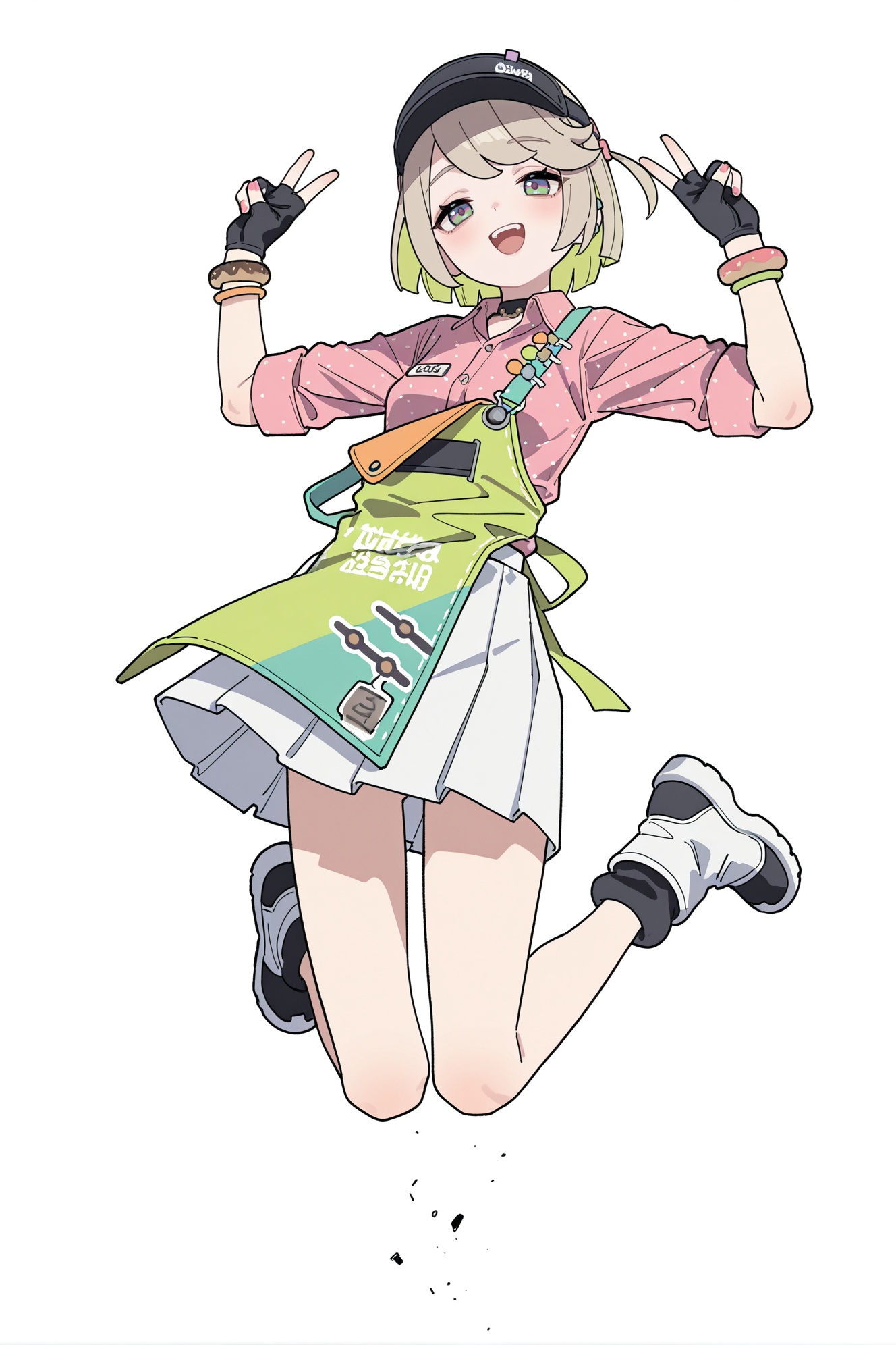 8k,best quality,masterpiece,ultra-detailed,(high detailed skin),(year 2024:0.8),flat color,artist:maidforge,artist:aqua inc.,artist:edoya inuhachi,artist:reoen,artist:fuzichoco,solo,white background,simple background,petite,skinny,looking_at_viewer,panorama,full_shot,dashed_eyes,jumping,double_v,happy,<lora:coco-ill-Tanger:0.8>,CoCo \(Zenless Zone Zero\),clothes: CoCo def Clerk's uniform,1girl,hat,gloves,shirt,bracelet,pink shirt,jewelry,apron,white skirt,short hair,collared shirt,