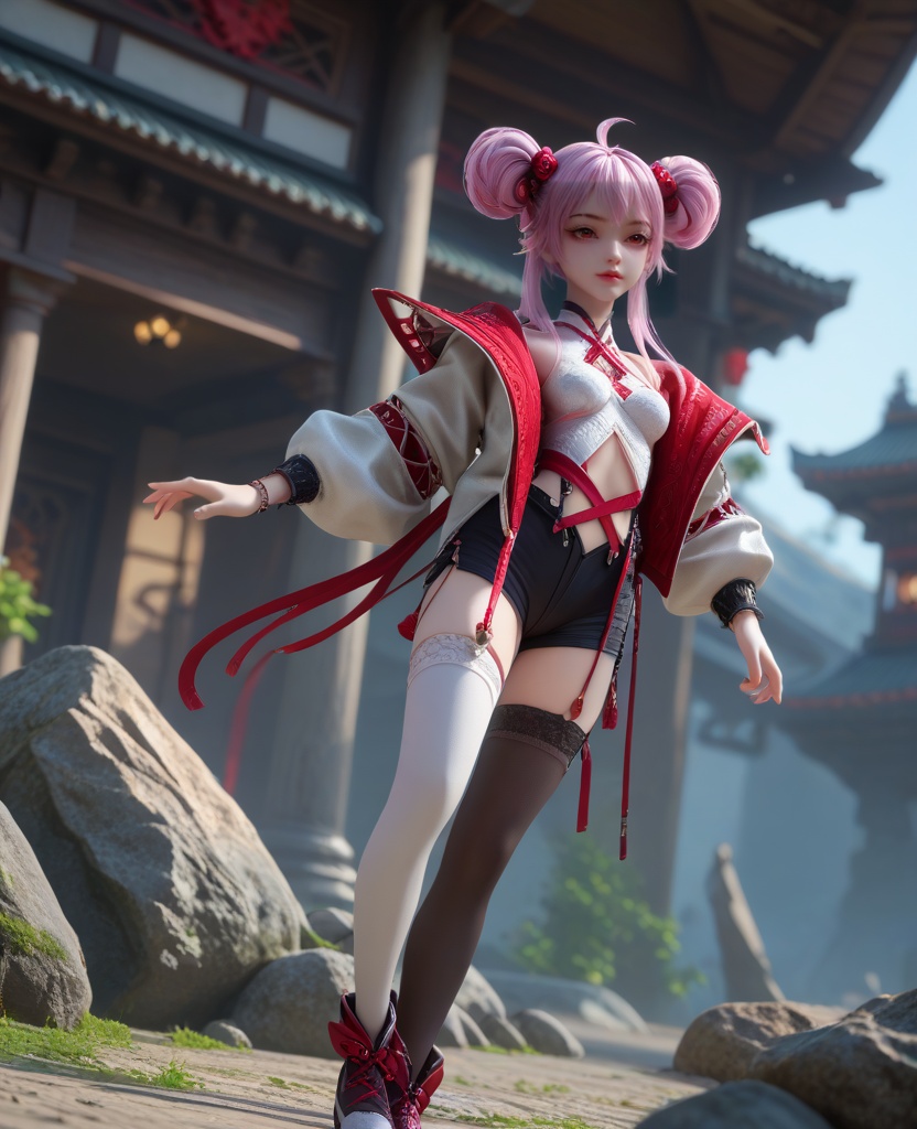 (oriental architecture, elegant decor, sophisticated style:1.1),(Balancing on one foot, the other foot lifted,:1.1),(breasts:1.2),<lora:XL16克金玩家炙珠:0.95>,teenage girl,open red jacket,white corset,red eyes,red lips,pink hair,ahoge,double bun with front strands,hair ornament,black short shorts,mismatched thighhighs,bracelet,sneakers,, score_9,score_8_up,score_7_up,score_6_up,score_5_up,score_4_up,3d rendering,tag1,tag2, Cinematic Lighting,backlighting,, zPDXL3, zPDXL2,zPDXL, zPDXLxxx, zPDXLrl,