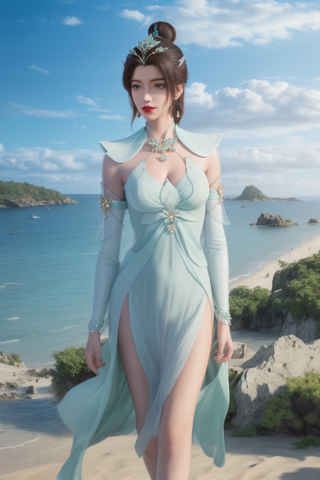 photo_\(medium\),(8k, RAW photo, best_quality),(masterpiece:1.2),(realistic:1.2),(photorealistic:1.3),(ultra-detailed),(extremely_detailed_cg_8k_wallpaper),(crystal_texture_skin:1.3),(shiny:1.2),(shiny_skin:1.4),(extremely_delicate_and_beautiful),shenfengYanRuYu,1girl,solo,dress,clothing cutout,torogao,bouncing breasts,hair bun,detached sleeves,green dress,standing,jewelry,hair ornament,earrings,red lips,necklace,realistic,looking at viewer,summer,beach,sea,sunshine,<lora:shenfengYanRuYu_20240525103110-000005:0.7>,