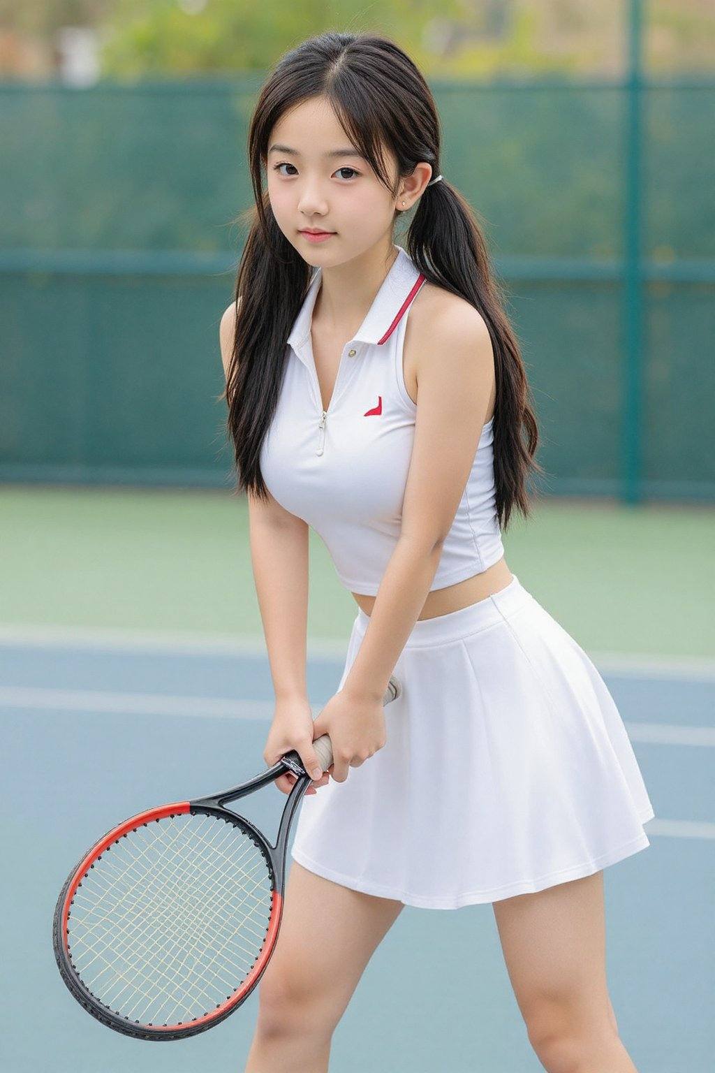 Asian girl with long black hair in pigtails,  wearing a white tennis outfit,  holding a tennis racket on Tensor.Art