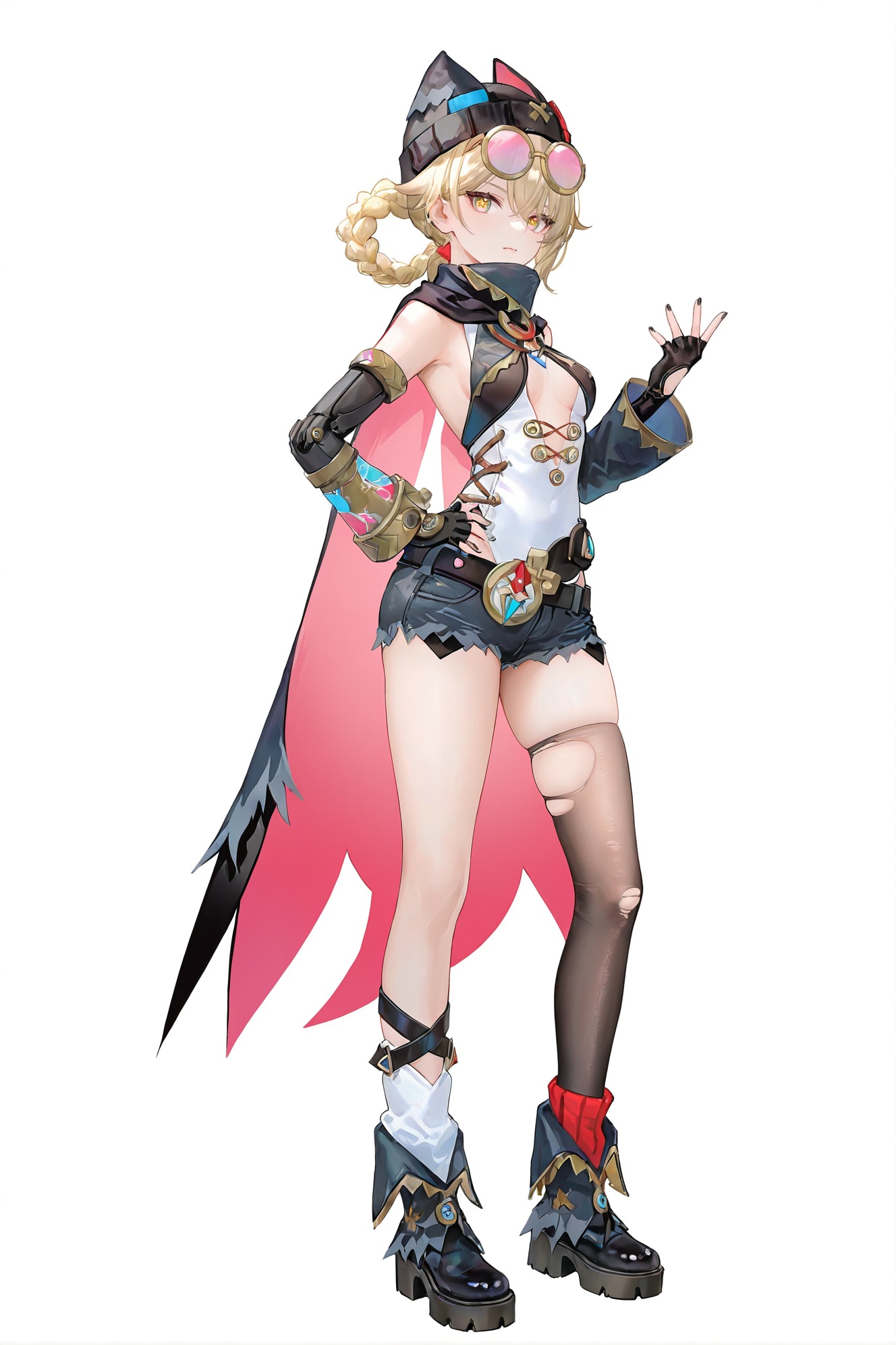 8k,best quality,masterpiece,(ultra-detailed),(high detailed skin),((artist:reoen),(artist:fuzichoco),(artist:atdan),(artist:torino_aqua),year 2024:0.8)1girl,[artist:wlop],[artist:ningen_mame],artist:ciloranko,[[artist:rhasta]],artist:tidsean,colorful,full body,full shot,standing,(solo:1.2),simple background,(white background:1.2),hand on own hip,(white background:1.1),looking at viewer,<lora:Jahoda-will-Tanger-000012:0.8>,Jahoda,clothes: Jahodadef suit,Jahodadef black hat,Pentagon-shaped pupils,1girl,torn single thighhigh,gloves,braid,torn clothes,fingerless gloves,yellow eyes,round eyewear,shorts,belt,black gloves,cape,blonde hair,