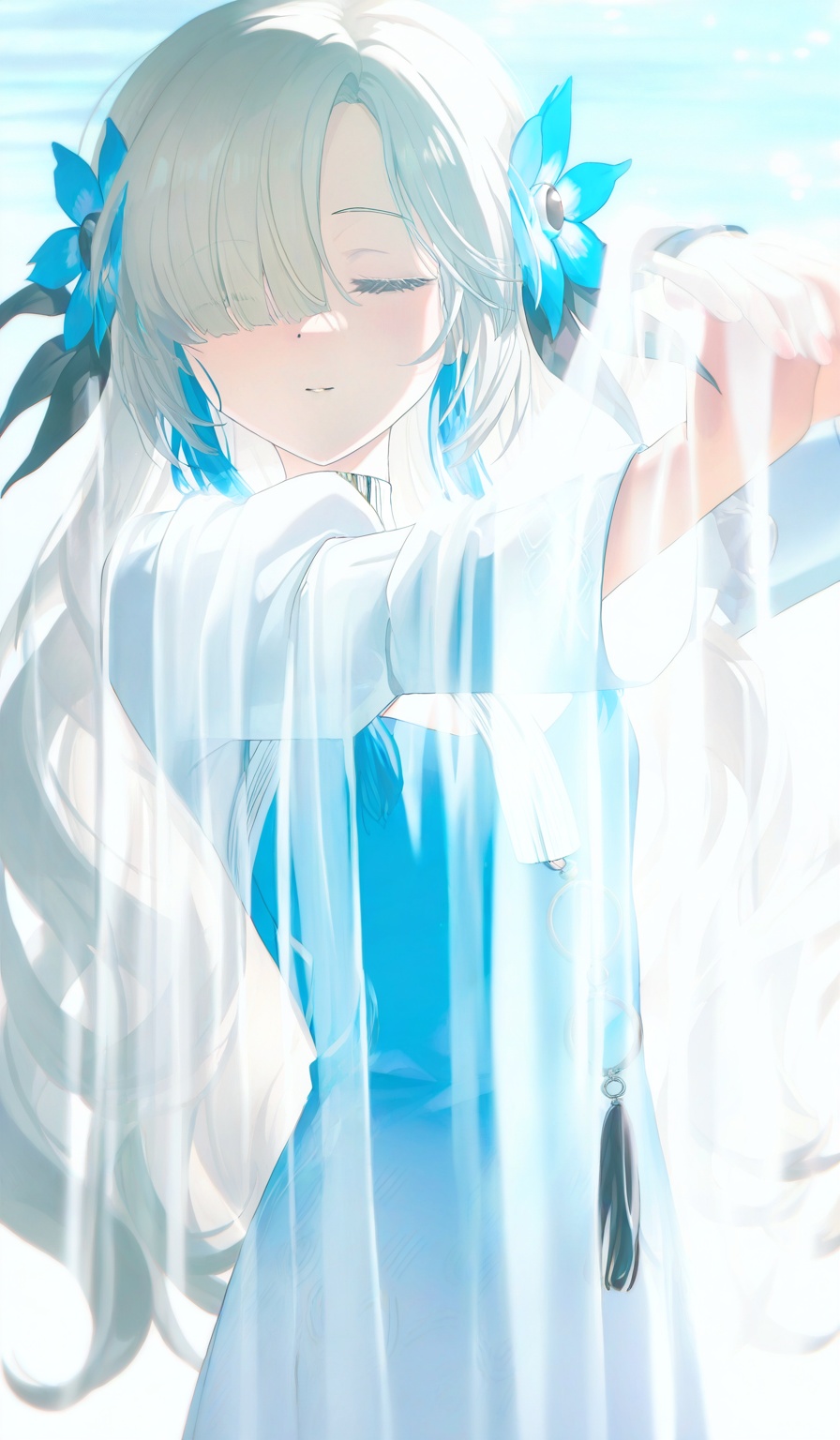 <lora:konya666 (5):1>,highres,absurdres,newest,very awa,masterpiece,best quality,year 2024,\,SenSen,isekai joucho,1girl,solo,virtual youtuber,blue dress,long hair,closed eyes,dress,multicolored hair,blue hair,hair flower,hair ornament,white dress,long sleeves,flower,two-tone hair,hair over one eye,grey hair,very long hair,two-tone dress,blue flower,upper body,white hair,white background,parted lips,closed mouth,gradient dress,cowboy shot,