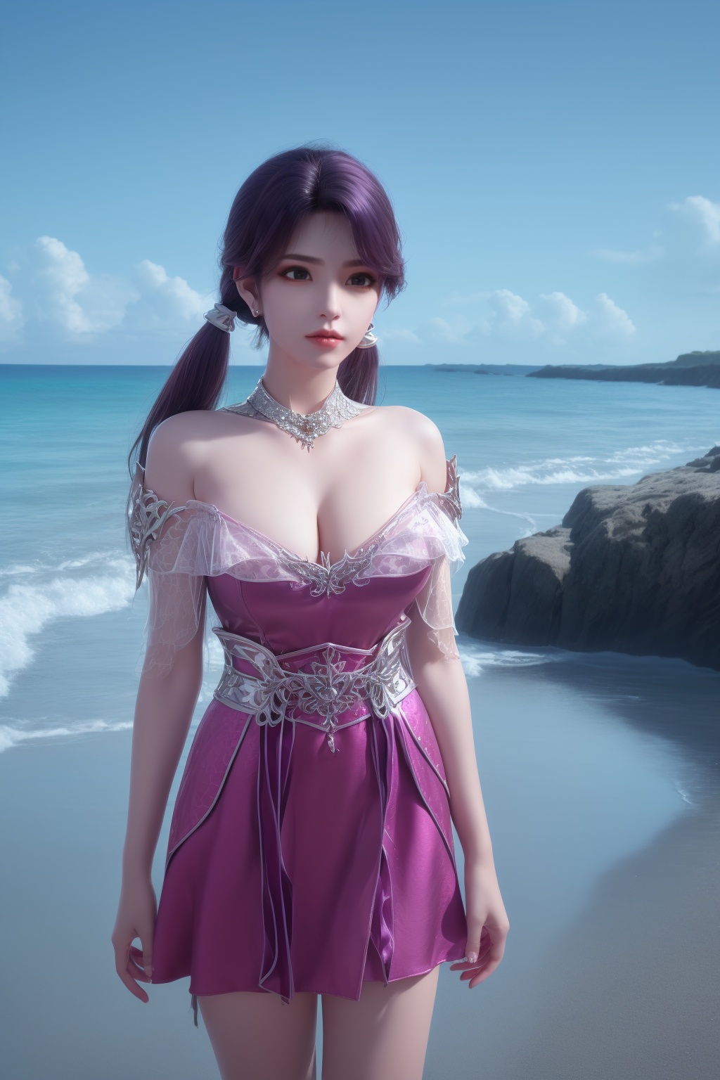 photo_\(medium\),(8k, RAW photo, best_quality),(masterpiece:1.2),(realistic:1.2),(photorealistic:1.3),(ultra-detailed),(extremely_detailed_cg_8k_wallpaper),(crystal_texture_skin:1.3),(shiny:1.2),(shiny_skin:1.4),(extremely_delicate_and_beautiful),shenfengLingLuoChen,1girl,solo,armor,purple dress,skirt,detached collar,skirt,torogao,bare shoulders,twintails,Cleavage,standing,jewelry,hair ornament,lips,earrings,necklace,realistic,looking at viewer,Summer,Beach,Sea,sunshine,<lora:shenfengLuoYan_20240514203344-000005:0.7>,