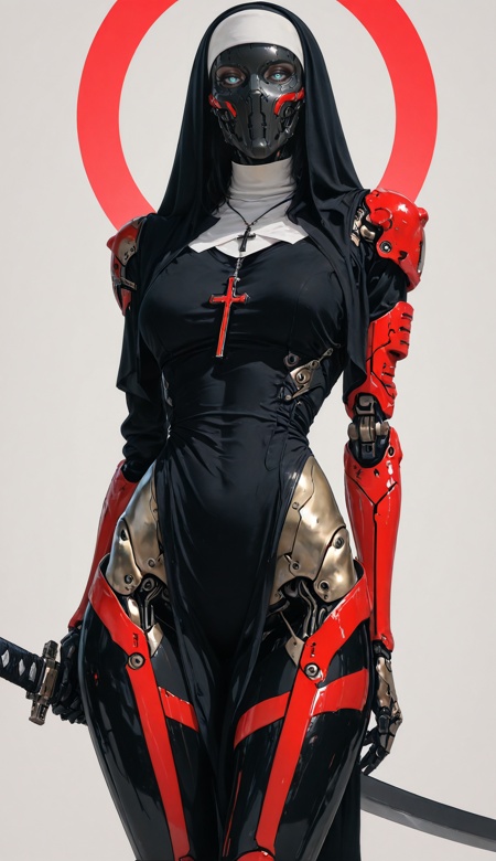 hyperrealistic art masterpiece,best quality,amazing quality,32k,ultra detailed, 1girl, cybrorg, humanoid, covered face with cyborg mask with engraved cross, big cross pendant, futuristic design, skinny, anthropomorphic creature from steel and chrome, carbon armor as clothes, composite armor, armor joints glow neon red, nun style, holy cyborg, close up, dutch angle, holds one katana in hand, warframe videogame style,hand over handles, hand forward, combat stance, dynamic angle. grunge futurism, dynamic pose, sin city vibes, social dystopia, sinozick_illu, arsmjstyle, . extremely high-resolution details, photographic, realism pushed to extreme, fine texture, incredibly lifelike