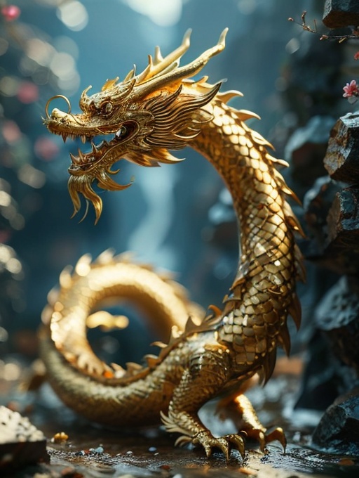A golden dragon with water in the background, Golden Dragon
