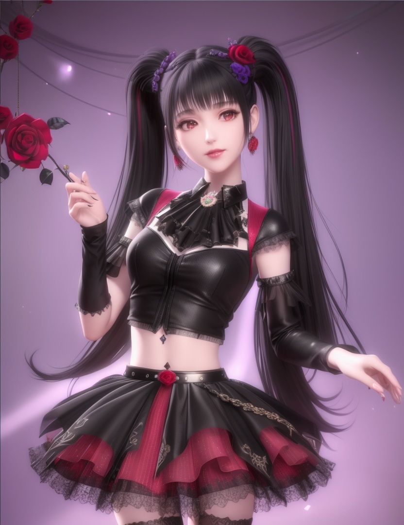 ultra realistic 8k cg, picture-perfect face, flawless, clean, masterpiece, professional artwork, famous artwork, cinematic lighting, cinematic bloom, perfect face, beautiful face, fantasy, dreamlike, unreal, science fiction , beautiful clothes, lace, lace trim, lace-trimmed legwear,  (rich:1.4), prestige, luxury, jewelry, diamond, gold, pearl, gem, sapphire, ruby, emerald, intricate detail, delicate pattern, charming, alluring, seductive, erotic, enchanting, hair ornament, necklace, earrings, bracelet, armlet,halo((,1girl, pov,))  (((,rose, multiple_girls, 2girls, flower, red_rose, red_flower, pink_rose, long_hair, multicolored_hair, black_hair, midriff, twintails, purple_rose, skirt)))   <lora:DA_ChloeNightWings:0.6>