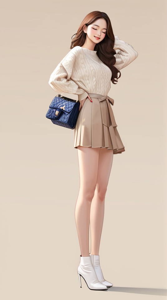 (best quality), ((masterpiece)), (highres), illustration, original, extremely detailed,<lora:韩の时尚衣橱:0.7>1girl, solo, bag, long hair, high heels, brown hair, hand on hip, handbag, full body, simple background, white footwear, smile, sweater, standing, dress, long sleeves, nail polish, skirt, closed eyes, high heel boots