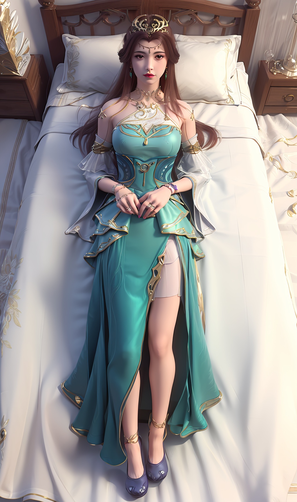 3D,masterpiece,(best quality),(makeup),official art, extremely detailed cg 8k wallpaper,((crystalstexture skin)), (extremely delicate and beautiful),(highly detailed),(face),(headgear),(tassel),(arms_behind_head)(1girl), (solo), (jewelry), (earrings),(brown_hair),(long_hair),(hair_ornament),(handwear),(breasts),((lying)),,(detached_sleeves),(bare_shoulders),,((full_body,whole_body)),(dress),(multicolored_clothes),(multicolored_dress),(closed_mouth),(traditional_clothes),(long_dress),(long_skirt),(gold_trim),(shorts),(shiny_clothes),(sunshine, outdoor,bed),((looking_at_viewer)),((Facing the camera)), (long_legs), (blue_shoes),(flat_shoes),(anklet),(cloth_shoes),, <lora:hipoly3DModelLora_v10:0.3> <lora:枫岫-百炼成神-苏灵韵01:0.7>