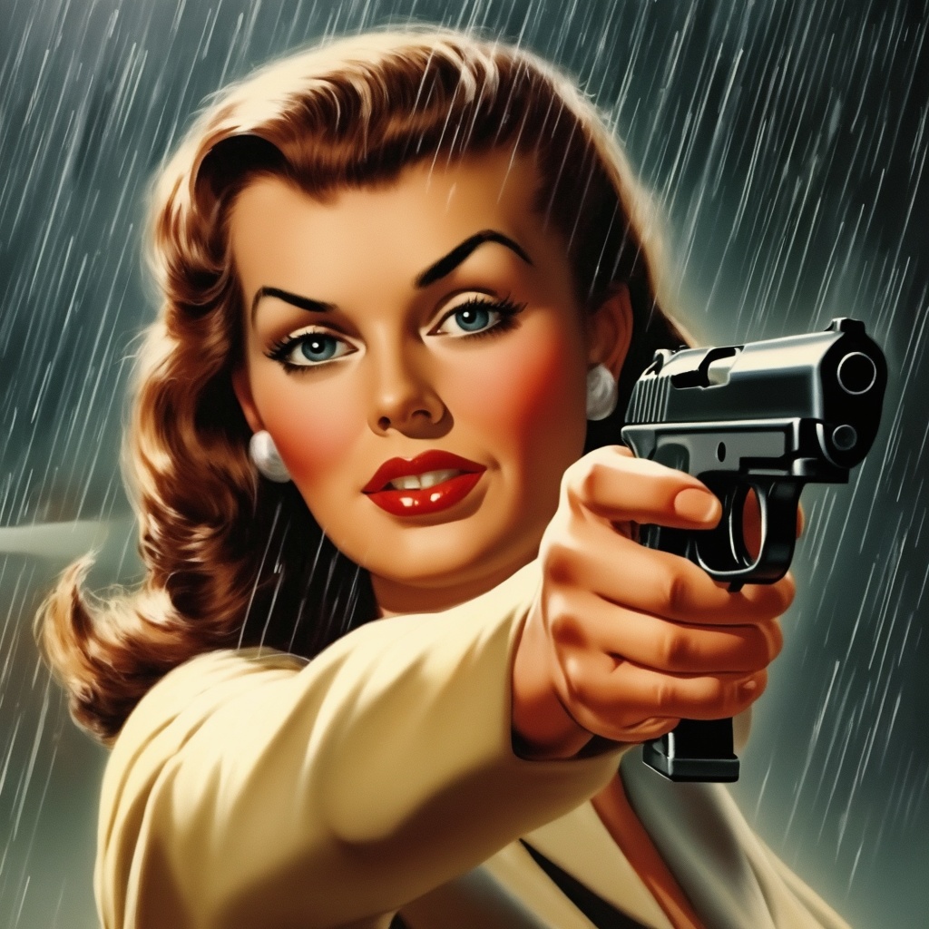 A woman holding a gun in the rain vintage_p_style on Tensor.Art