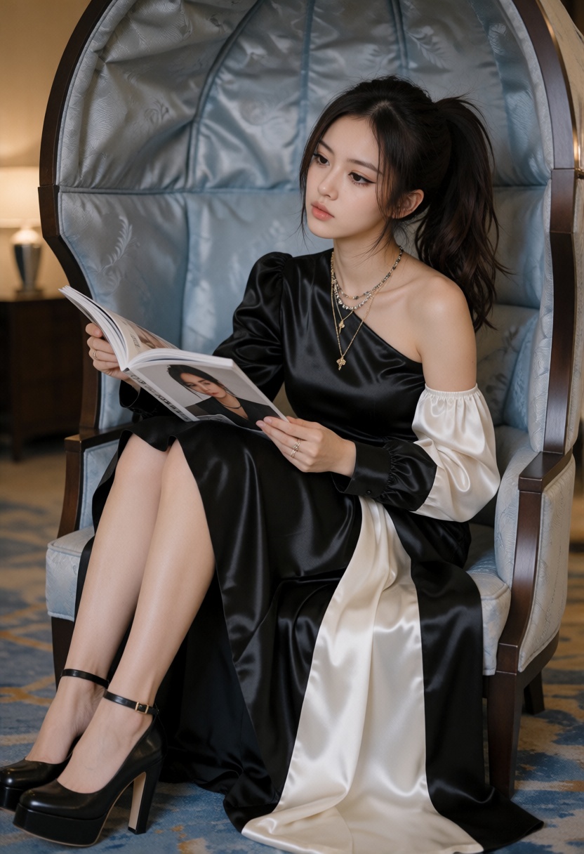 NinaX,  black hair styled in a loose high ponytail with soft face-framing strands A photorealistic cinematic photograph of...