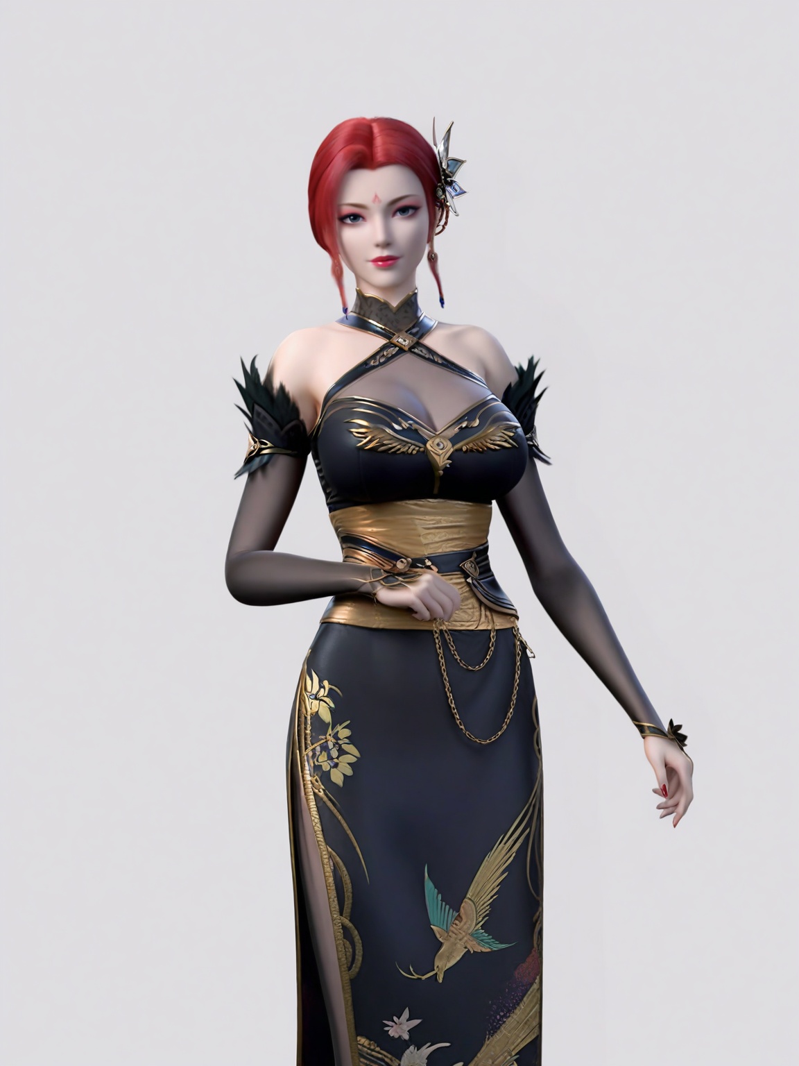score_9,(perfect_anatomy:1.1)1girl,looking at viewer,breasts,large breasts,solo,standing,hair ornament,black dress,eyeshadow,red hair,detached sleeves,looking at viewer,white background,simple background,<lora:SF_YaFei_NianFanFace_Pony_Realism2.3-000004:0.7>,cowboy_shot,