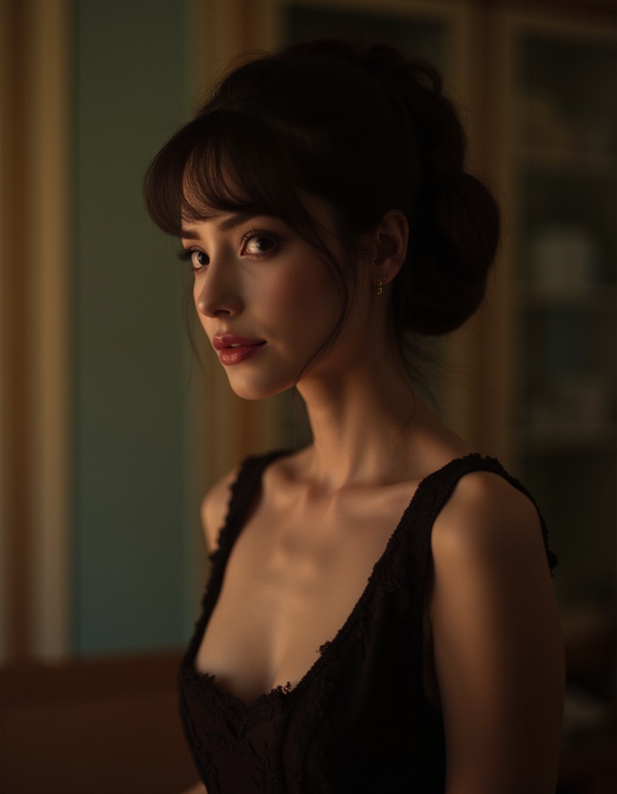 portrait of a woman,retro style,elegant dress,soft lighting,high resolution,professional grade,RAW photography,evocative composition,Cinematic Lighting,moody lighting,perfect eyes,depth of field,virtual background,eyes focus,