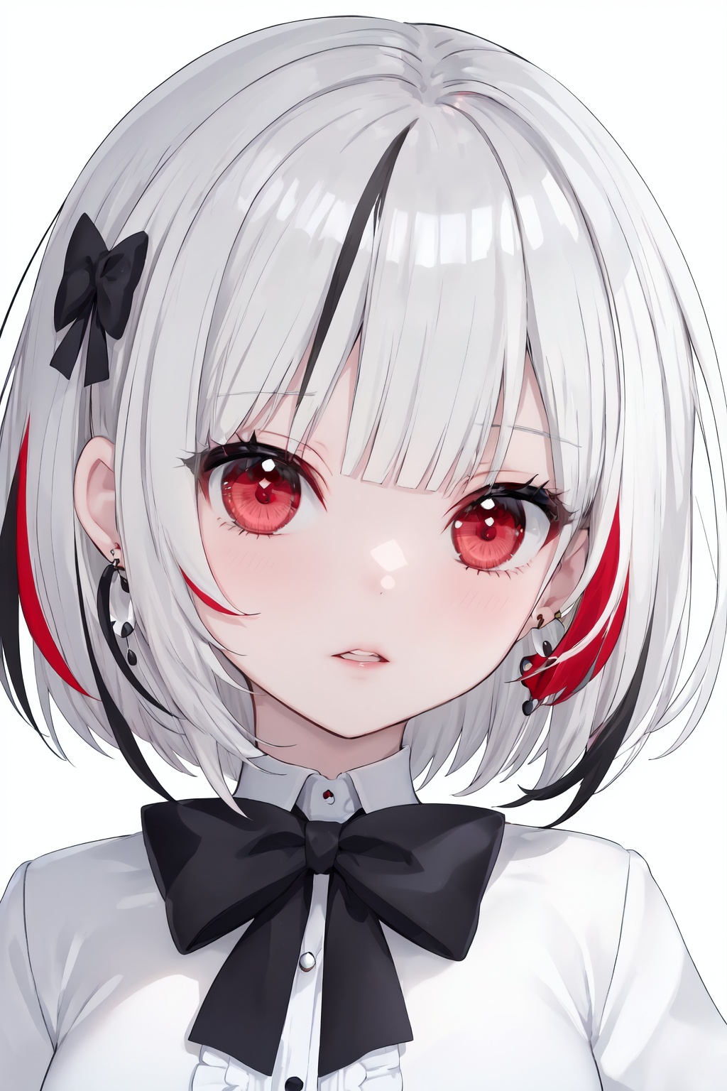 1girl,solo,red eyes,looking at viewer,multicolored hair,jewelry,red hair,bow,streaked hair,parted lips,white background,black bow,bangs,earrings,virtual youtuber,bowtie,upper body,short hair,white hair,shirt,simple background,grey hair,bright eyes,clear eyes,mi-style,