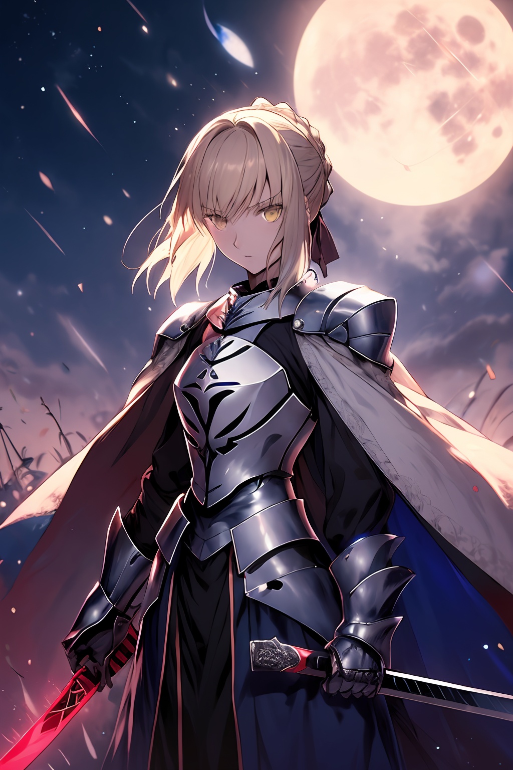 masterpiece,1girl, solo, looking at viewer, short hair, bangs, blonde hair, long sleeves, dress, ribbon, holding, hair between eyes, closed mouth, standing, hair ribbon, yellow eyes, weapon, braid, ahoge, sidelocks, sky, sword, cape, holding weapon, armor, night, holding sword, moon, gauntlets, full moon, breastplate, armored dress, artoria pendragon \(fate\), saber,<lora:lbc_saber_v2.0:0.8>,