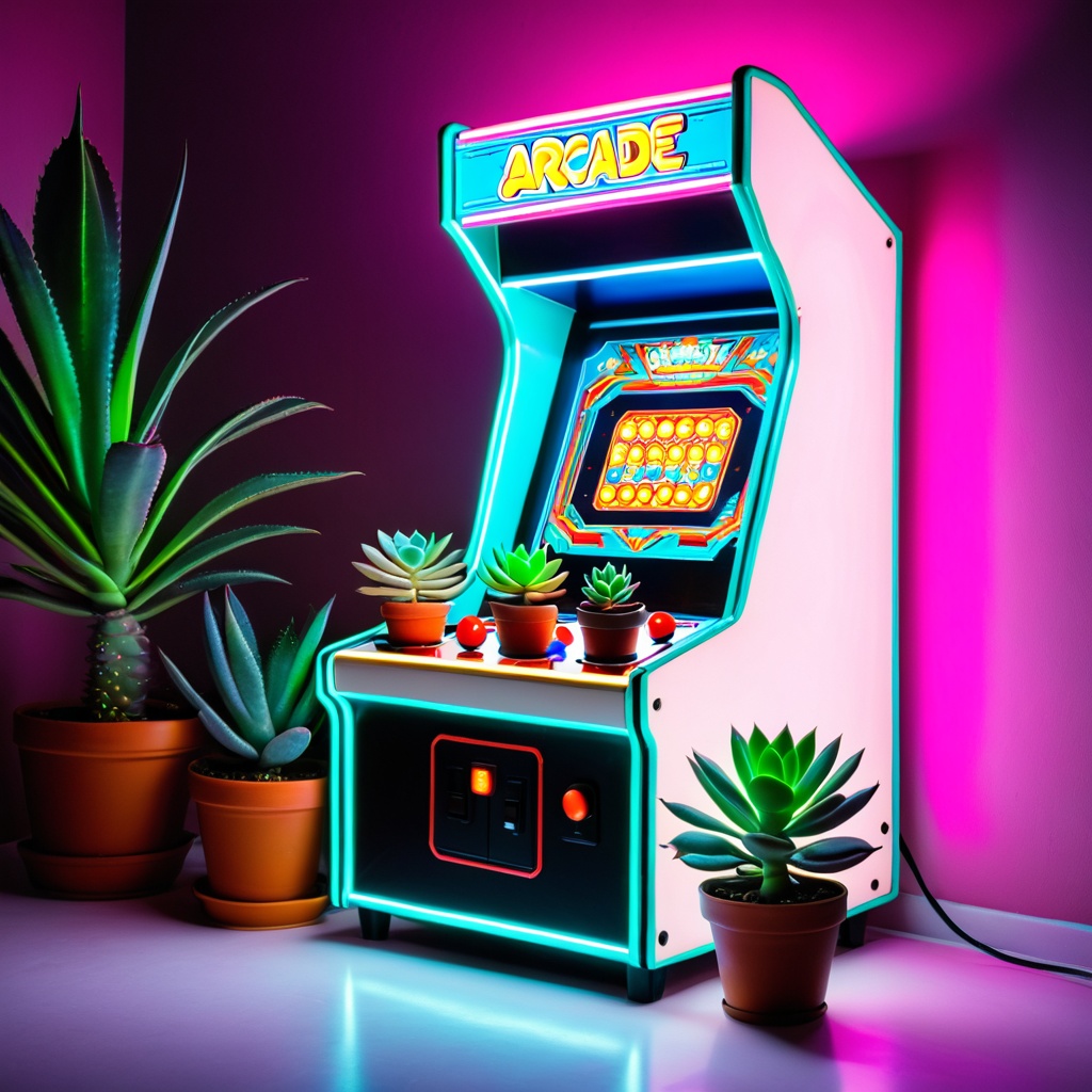 sceneretroarcad,  a small potted succulent,  retro arcade room on Tensor.Art