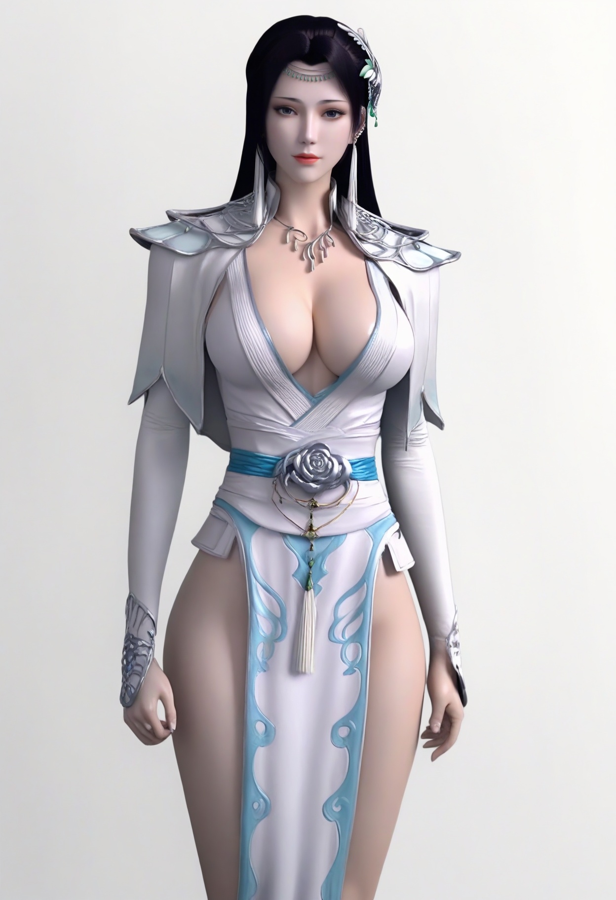 fair_skin,white_skin,Ivory_skin,<lora:SF_YunYunAbout3Years3_Pony_Realism2.3-000003:0.7>,hair ornament,black hair,looking at viewer,1girl,standing,breasts,large breasts,dress,solo,simple background,white background,