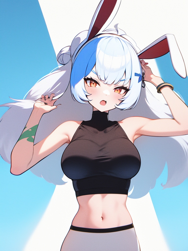 1girl,solo,animal ears,navel,virtual youtuber,long hair,rabbit ears,looking at viewer,bracelet,double bun,hair bun,usada pekora,breasts,jewelry,midriff,animal ear fluff,white hair,nail polish,bare shoulders,thick eyebrows,stomach,short eyebrows,rabbit-shaped pupils,blue hair,open mouth,red eyes,orange eyes,