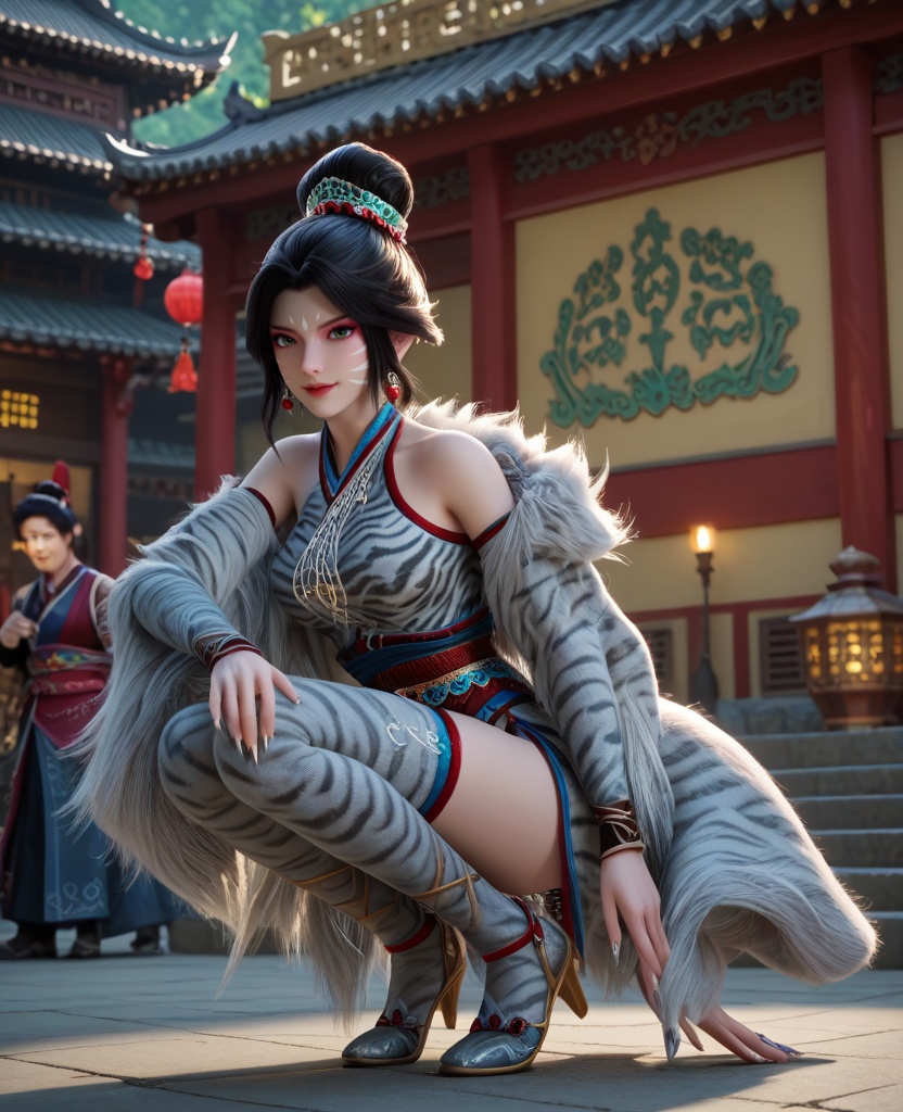 (oriental architecture, elegant decor, sophisticated style:1.1),(Crouching low, with a mischievous grin and fingers splayed as if casting a spell, she captures the whimsy of a fairy tale creature:1.1),(breasts:1.2),<lora:XL16牧神记白虎堂:0.95>,1girl,white fur coat with leopard print,(facepaint:1.2),green eyes,black hair,single hair bun,black gloves,sharp fingernails,sash,(thighhighs:1.2),earrings,, score_9,score_8_up,score_7_up,score_6_up,score_5_up,score_4_up,3d rendering,tag1,tag2, Cinematic Lighting,backlighting,