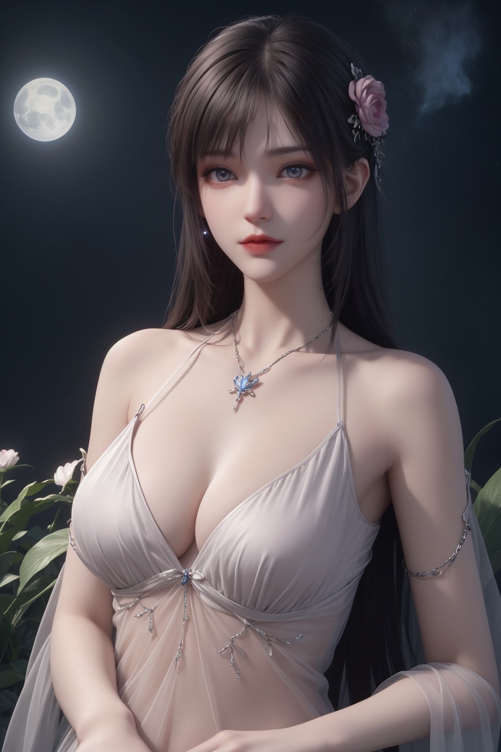 1girl, aurora, bamboo, bangs, bare shoulders, blue eyes, branch, breasts, city lights, cleavage, cloud, constellation, crescent moon, dress, fireflies, flower, full moon, gem, hair flower, hair ornament, jewelry, large breasts, leaf, light particles, lips, long hair, looking at viewer, milky way, moon, moonlight, night, night sky, outdoors, palm tree, pink lips, plant, shooting star, sky, solo, space, star \(sky\), starry sky, tanabata, tanzaku, tree, very long hair  <lora:彩儿:0.66>