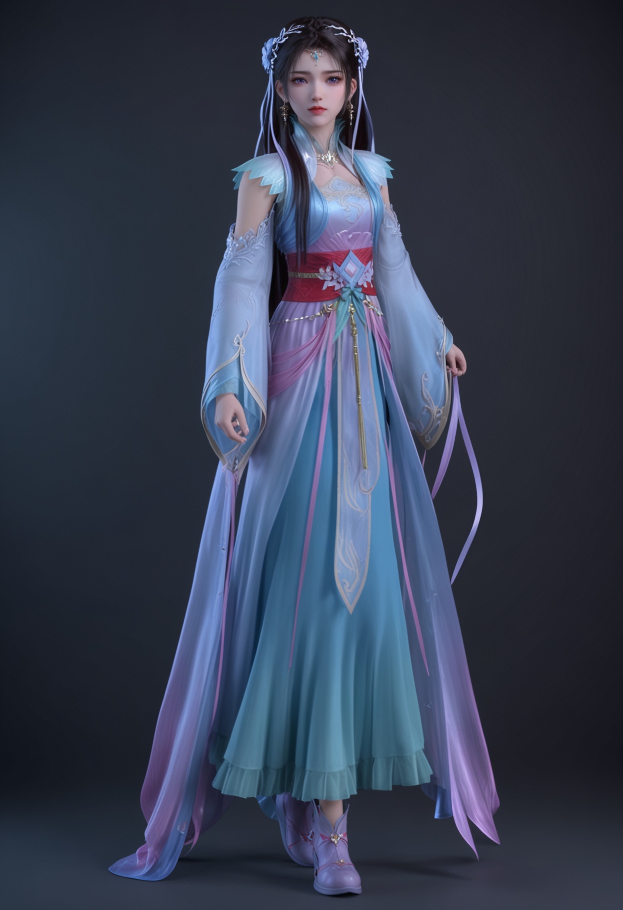 (full_body:1.1),(looking at viewer:1.1),facing viewer,direct gaze,<lora:YQ_pony_yiwenjun_V5:0.8>,1girl,q1528437228,solo,long hair,hair ornament,jewelry,earrings,dress,black hair,brown hair,sash,blue dress,hair bun,detached sleeves,forehead mark,long sleeves,purple eyes,hair flower,necklace,blue eyes,purple footwear,BREAK simple background,pure black background,black background,perfect anatomy,