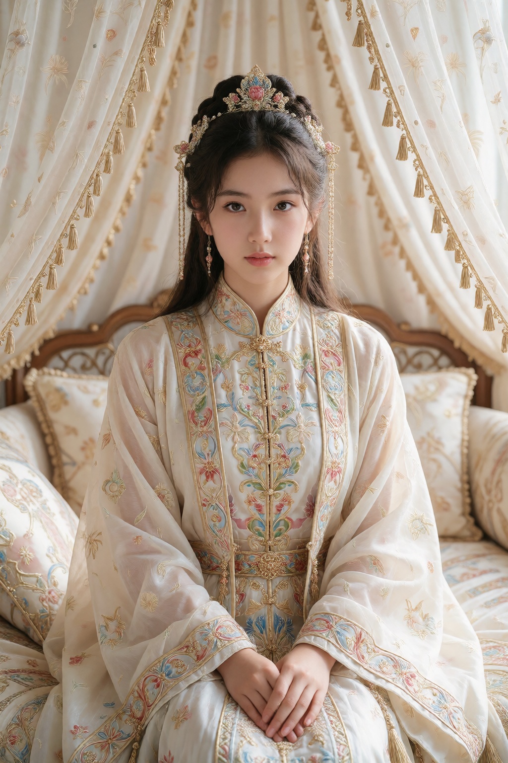 Photograph of a young Asian woman in traditional,  elegant Chinese attire with intricate embroidery,  seated in a luxuriou...