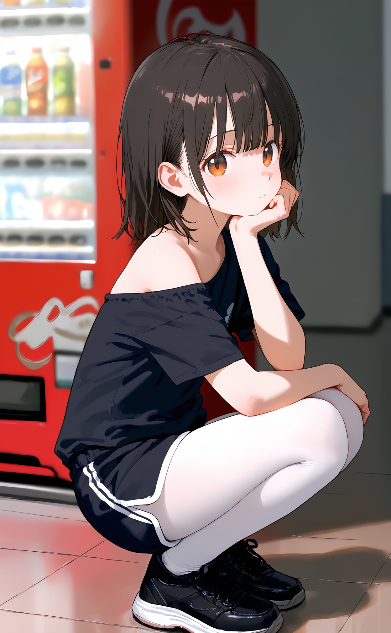 masterpiece,very aware,highres,absurdres,newest,best quality,high quality,loli,petite,chromatic_aberration,white_background,//,1girl,squatting,white_pantyhose,pantyhose,solo,black_hair,shorts,black_shirt,shirt,looking_at_viewer,blurry_background,black_footwear,orange_eyes,blurry,black_shorts,shoes,medium_hair,short_sleeves,off_shoulder,short_shorts,single_bare_shoulder,short_hair,hand_on_own_face,closed_mouth,hand_on_own_cheek,pantyhose_under_shorts,vending_machine,depth_of_field,hand_on_own_knee,head_rest,indoors,hand_on_own_chin,brown_eyes,//,year_2023,year_2024,//,