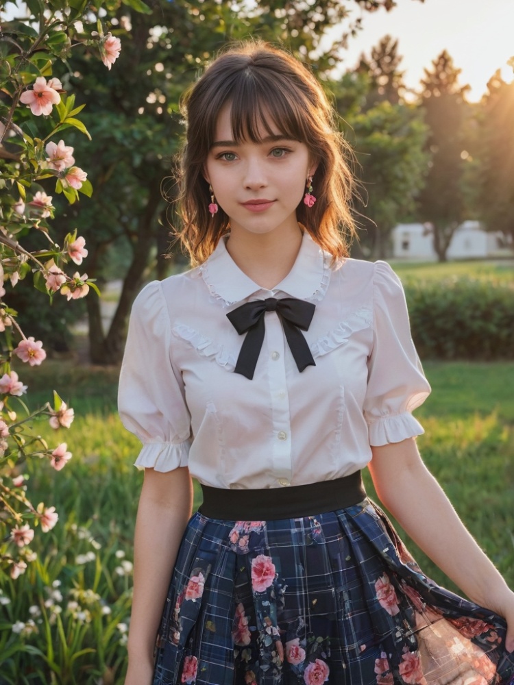face focus, cute, masterpiece, best quality, 1girl, flower, solo, blue eyes, outdoors, skirt, smile, hair ornament, looking at viewer, jewelry, earrings, short sleeves, shirt, petals, skirt hold, bangs, frills, hair flower, blush, white shirt, sky, white hair, tree, cowboy shot, bow, sunset, black skirt, black bow, parted lips, standing, field, bowtie, breasts, pink flower, cloud, red flower, grass, flower earrings, long hair, center frills, frilled shirt, collared shirt, medium hair, black bowtie, floating hair