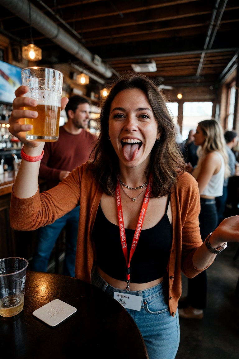 A joyful Caucasian woman,  likely mid-to-late 30s,  stands center-frame at a dimly lit industrial-style bar venue with exp...