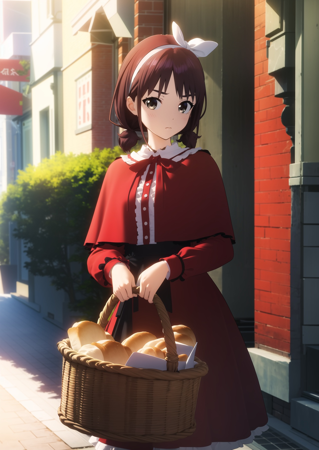 masterpiece,best quality,1girl,basket,bread,solo,food,brown hair,dress,twintails,brown eyes,blurry,blurry background,lolita fashion,baguette,long sleeves,looking at viewer,red dress,holding,holding basket,long hair,outdoors,capelet,floral print,hairband,red capelet,bow,frills,(front view:1.2),(looking_at_viewer:1.2),(eye-contact:1.2),