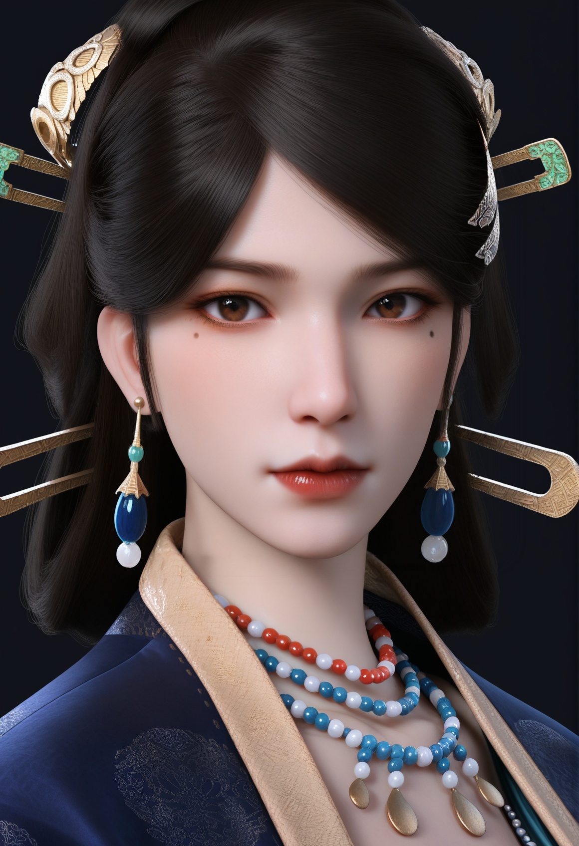(score_9),portrait,(close-up),solo focus,(eye focus),<lora:温洛玉-apony:0.83>,wengluoyu,solo,1girl,brown eyes,hair stick,black hair,earrings,hair ornament,updo,hair stick,mole under eye,mole,BREAK<lora:Expressive_H-000001:0.8>,light blush,Expressiveh,looking at viewer,<lora:e肤色滑块:0.25>,fair_skin,(pale skin),<lora:e色温:0.25>,ultra-detailed skin texture,detailed textures,<lora:皮肤凹痕:1.5>,<lora:RealisticSkinv1_ponyv6_loraplus:0.35>,real skin,BREAKsimple background,black background,<lora:e色温:0.25>,4K ultra HD,sharp focus,high detail,high contrast,