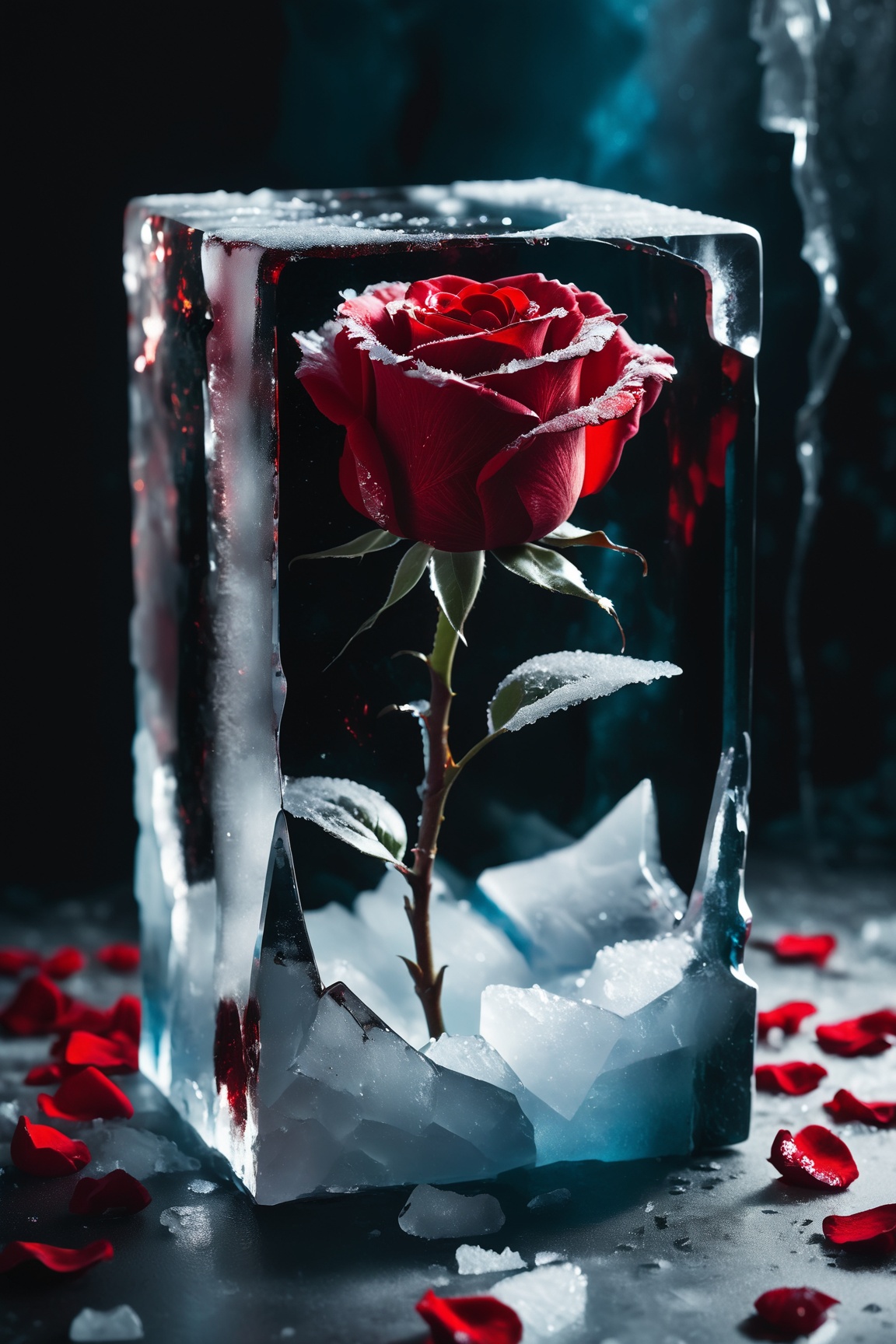 close-up photo of a beautiful red rose breaking through a cube made of ice,  splintered cracked ice surface,  frosted colo...